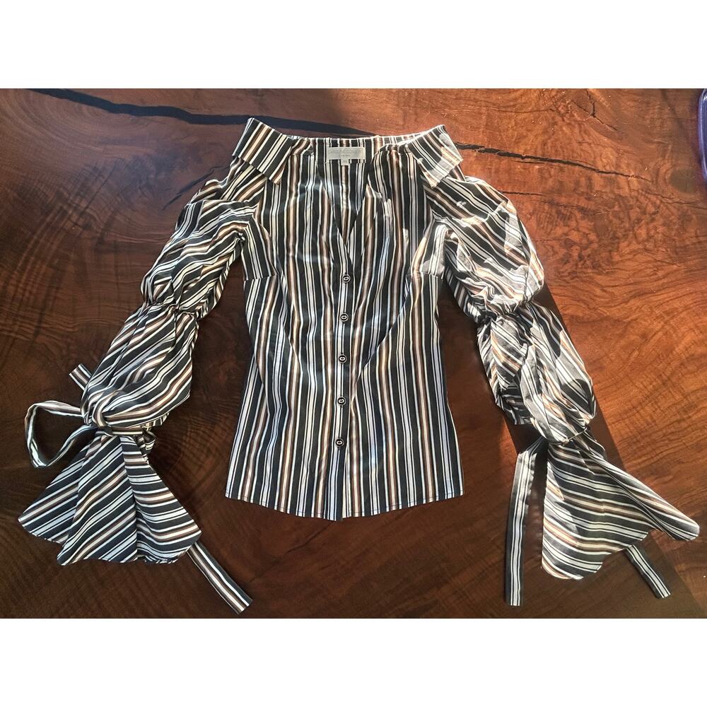 Caroline Constas $450 Margaret Blouse XS Striped Statement Sleeve Button Down